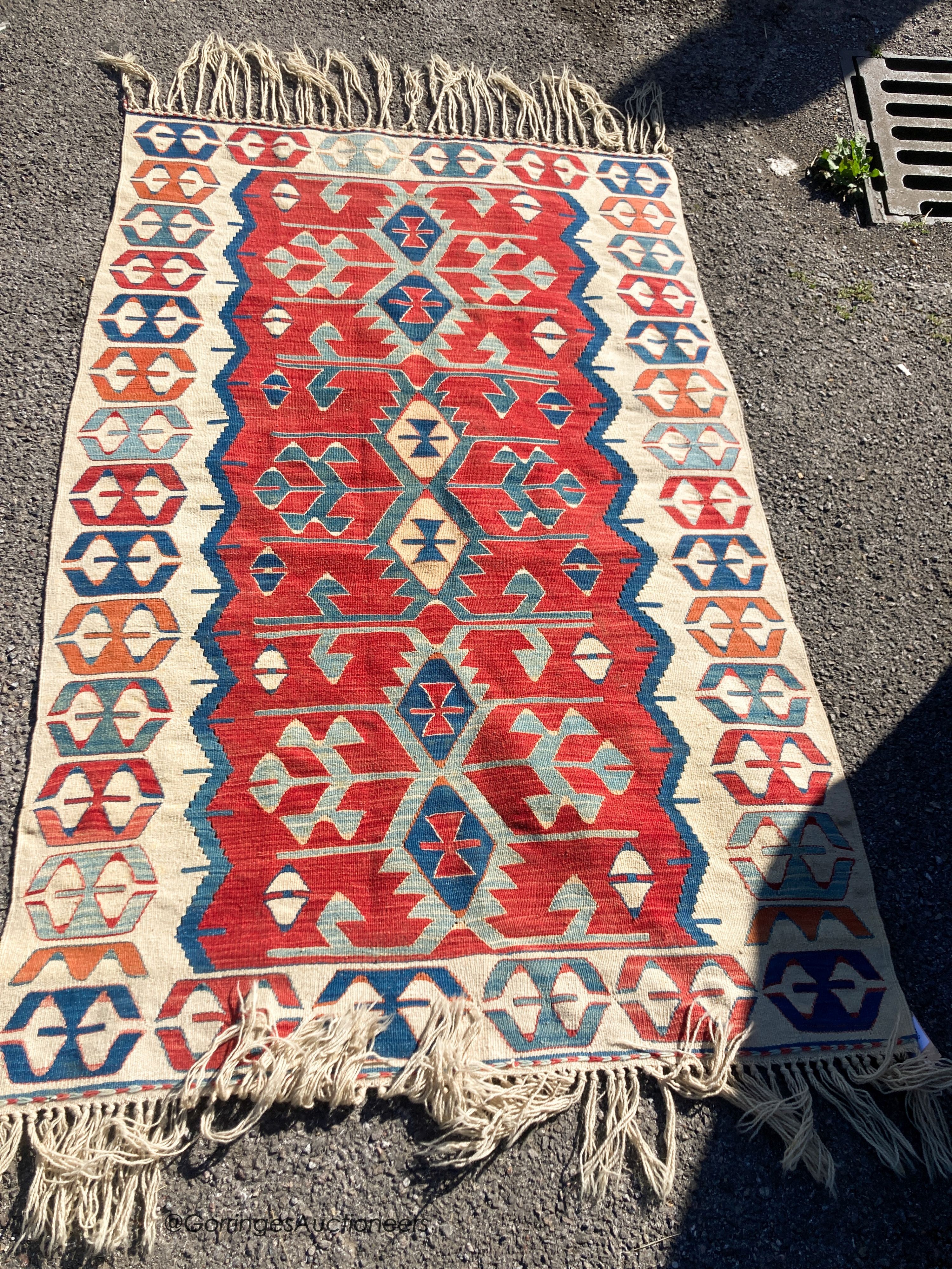 Five various flatweave Kelim rugs/hangings, largest 300 x 115cm